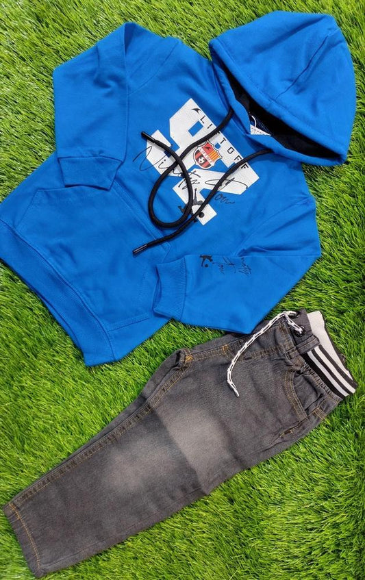 2 Pcs Boy's Stitched Terry Plain Hoodie With Jeans