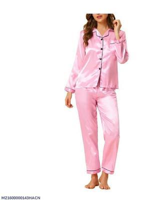 2 Pcs Women's Stitched Silk Plain Night Suit