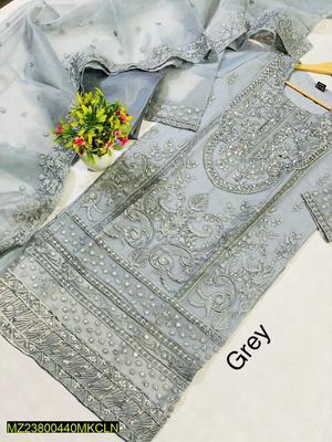 3 Pcs Women's Stitched Organza Embroidered Suit