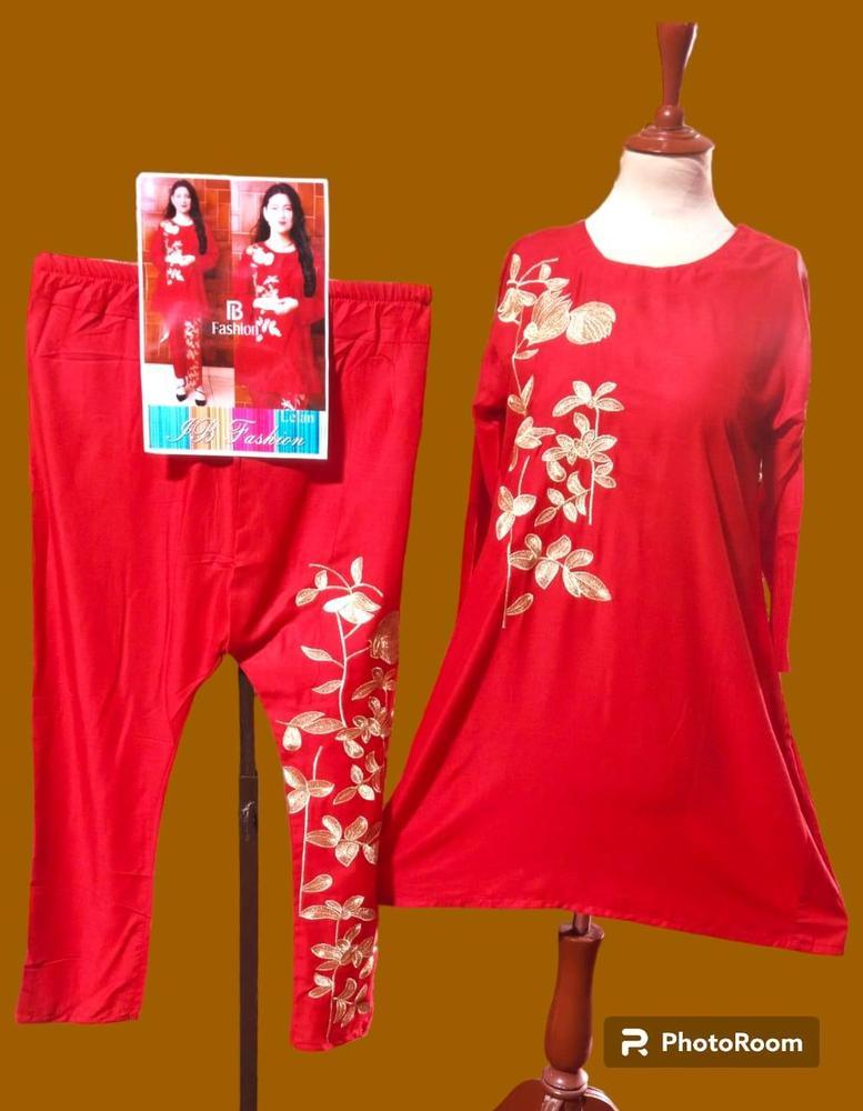 2 Pcs Women's Stitched Linen Zari Tilla Embroidered Shirt And Trouser