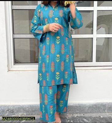 2 Pcs Women's Stitched Linen Printed Suit