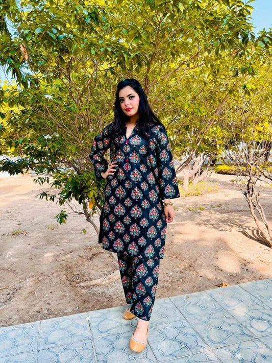 2 Pcs Women's Stitched Linen Printed Suit