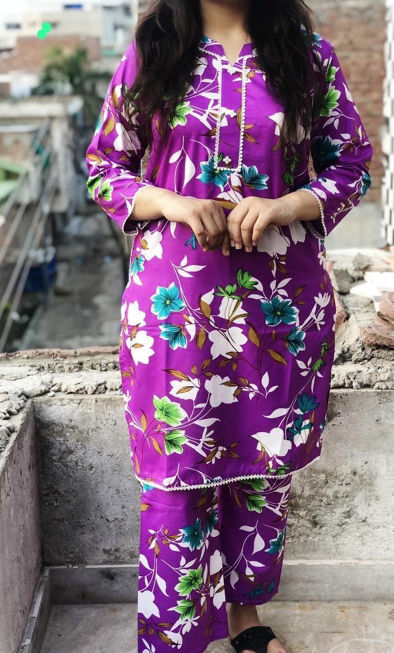 2 Pcs Women's Stitched Cotton Printed Shirt And Trouser