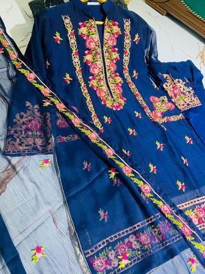 3 Pcs Women's Stitched Chiffon Embroidered Suit