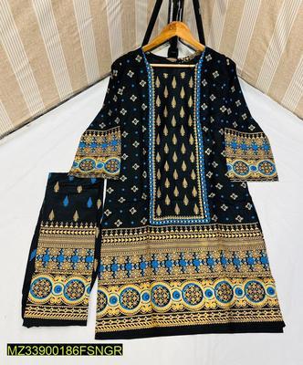 2 Pcs Women's Stitched Linen Printed Suit