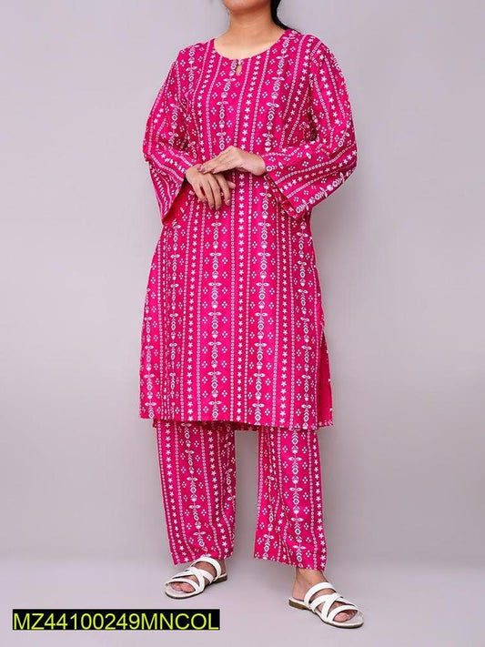 2 Pcs Women's Stitched Linen Printed Suit