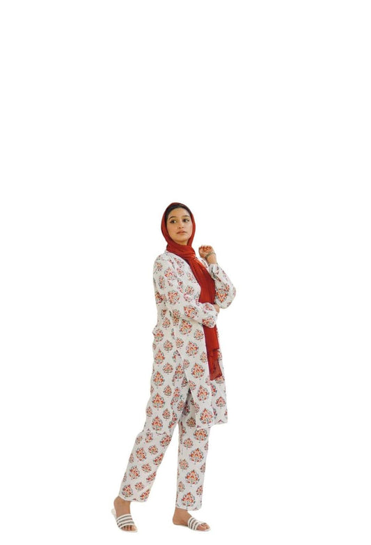 2 Pcs Women's Stitched Linen Block Printed Shirt And Trouser