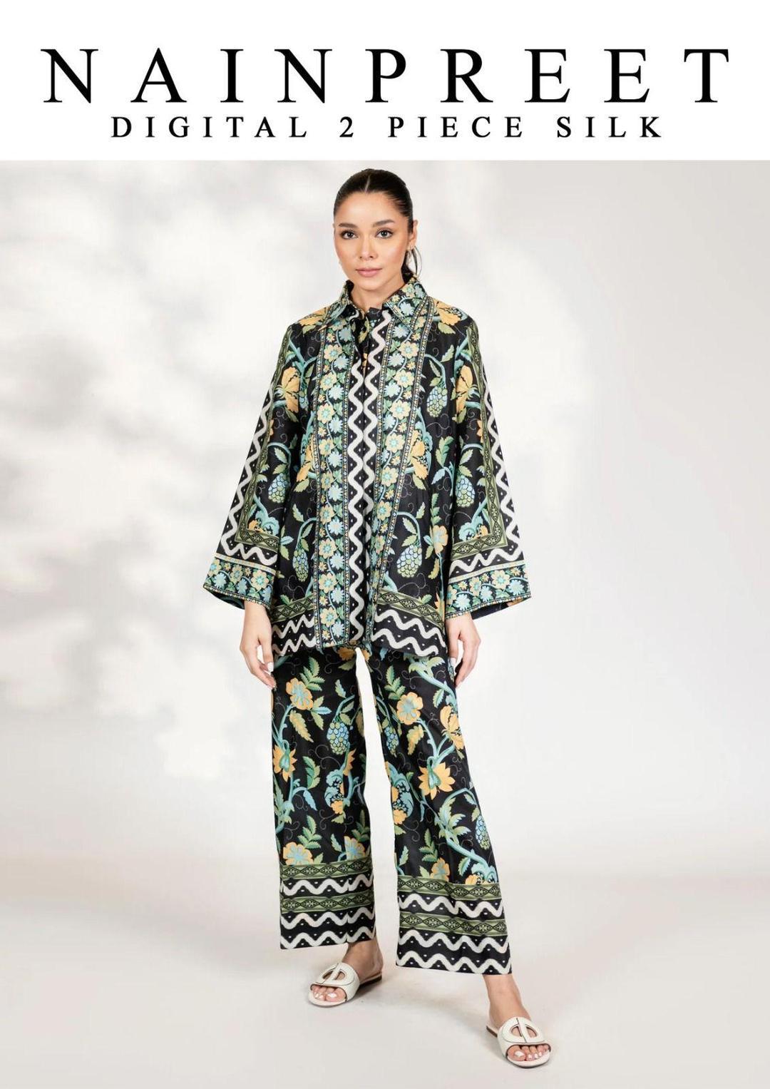 2 Pcs Women's Stitched Silk Digital Print Shirt And Trouser