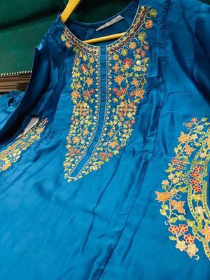 2 Pcs Women's Stitched Katan Silk Sequins Embroidered Kurta And Trouser