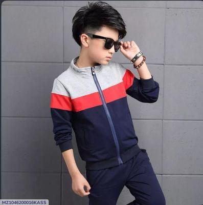 2 Pcs Boy's Cotton Jersey Plain Zipper Tracksuit