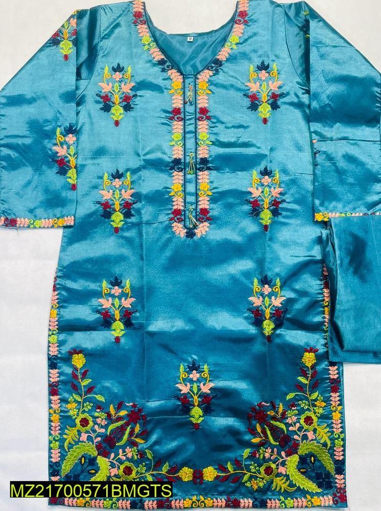 2 Pcs Women's Stitched Silk Embroidered Suit