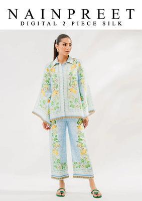 2 Pcs Women's Stitched Silk Digital Print Shirt And Trouser