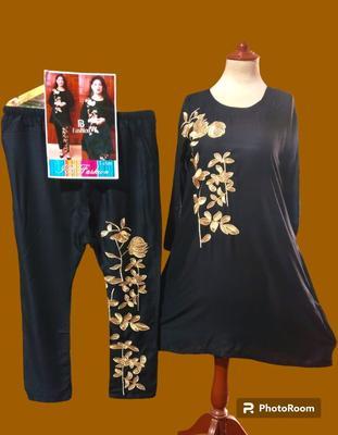 2 Pcs Women's Stitched Linen Zari Tilla Embroidered Shirt And Trouser