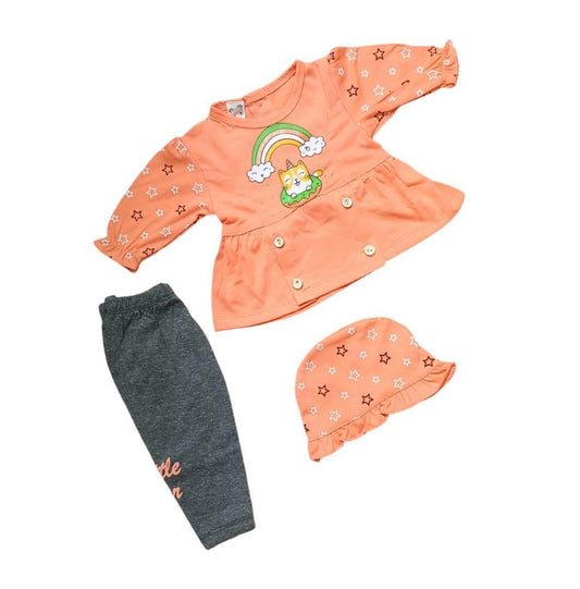 3Pcs Baby Girl Cotton Printed Frock And Trouser Set