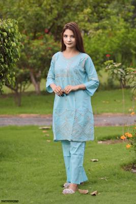 2 Pcs Women's Stitched Cotton Embroidered Frock & Trouser