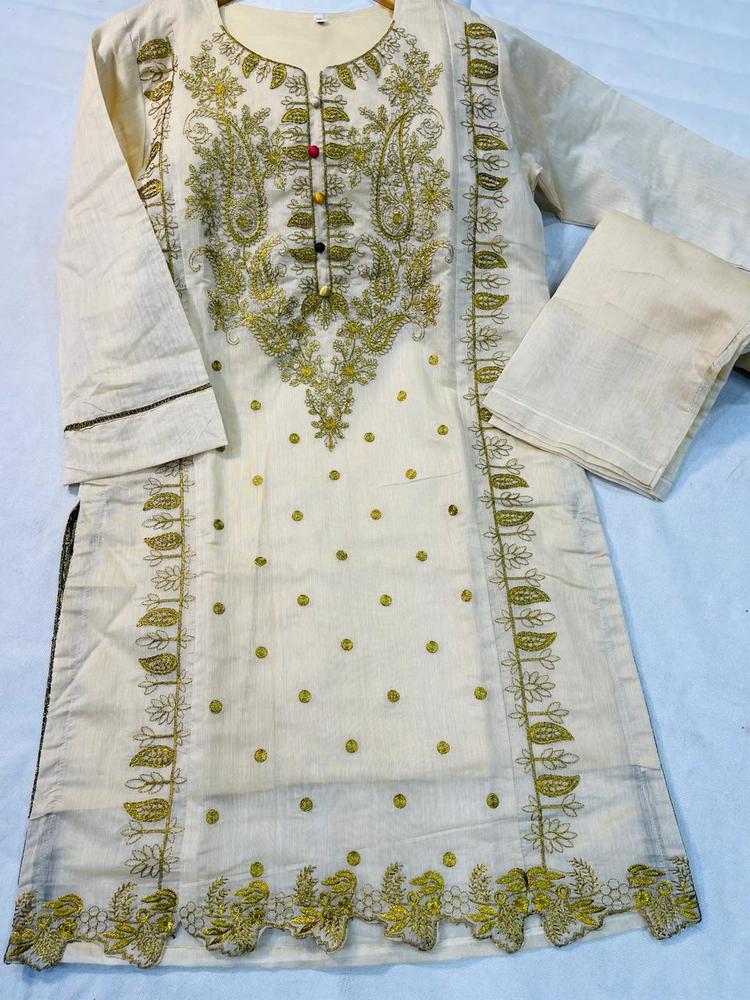 2 Pcs Women's Stitched Paper Cotton Embroidered Suit