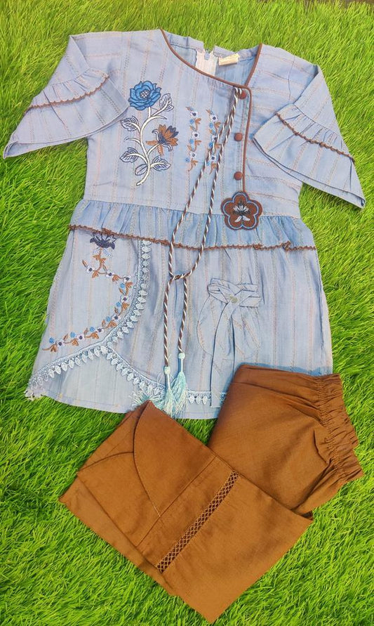 2 Pcs Girl's Cotton Lawn Embroidered Shirt And Trouser Suit