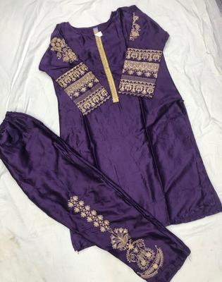 2 Pcs Women's Stitched Katan Silk Embroidered Shirt And Trouser