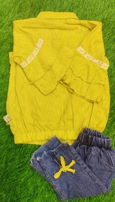 2 Pcs Girl's Cotton Lawn Embroidered Shirt And Denim Jeans Set