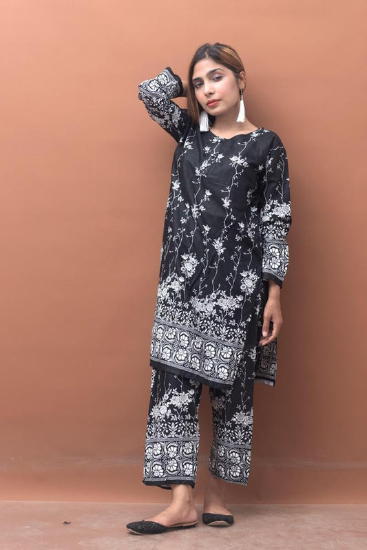 2 Pcs Women's Stitched Lawn Printed Shirt And Trouser