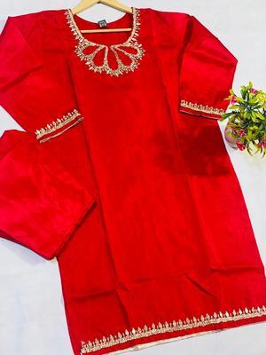 2 Pcs Women's Stitched Katan Silk Embroidered Suit