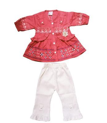 Baby Girl's Cotton Embroidered Frock And Trouser Set