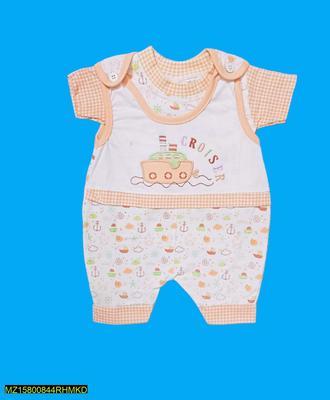 3 Pcs Newborn Baby's Stitched Blended Printed Shirt And Romper Set