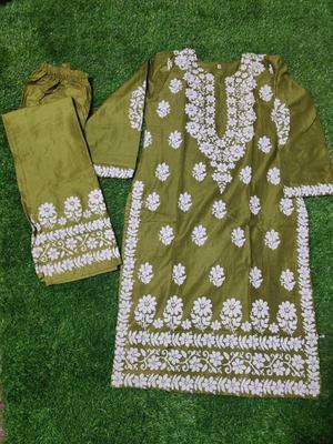 2 Pcs Women's Stitched Linen Chikankari Embroidered Shirt And Trouser