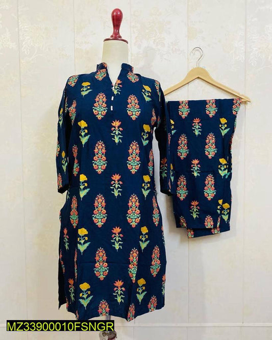 2 Pcs Women's Stitched Linen Printed Suit