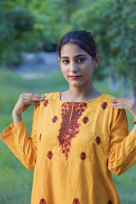 2 Pcs Women's Stitched Cotton Embroidered Shirt And Trouser