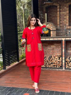 2 Pcs Women's Stitched Cotton Embroidered Shirt And Trouser