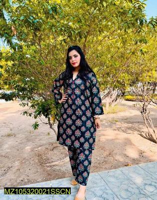 2 Pcs Women's Stitched Arabic Linen Printed Shirt And Trouser