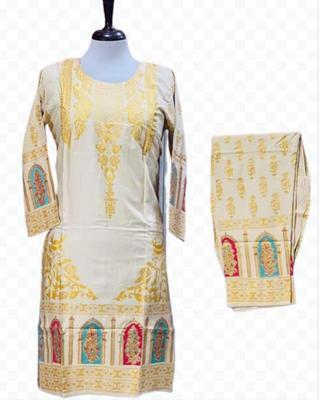 2 Pcs Women's Stitched Arabic Linen Block Printed Suit