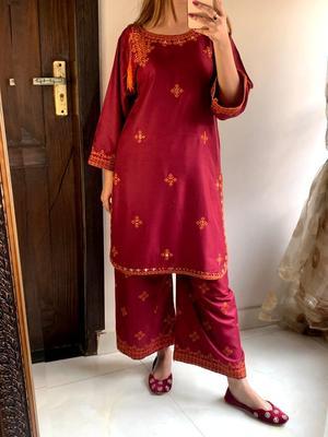 2 Pcs Women's Stitched Lawn Embroidered Shirt And Trouser - Maroon