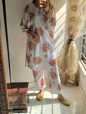 2 Pcs Women's Stitched Arabic Lawn Printed Shirt And Trouser