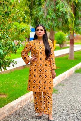 2 Pcs Women's Stitched Linen Block Printed Shirt And Trouser